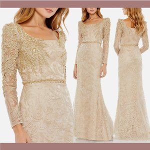 NWT $698 Mac Duggal [ 14 ] Embroidered Applique Trumpet Gown in Light Gold #Q521